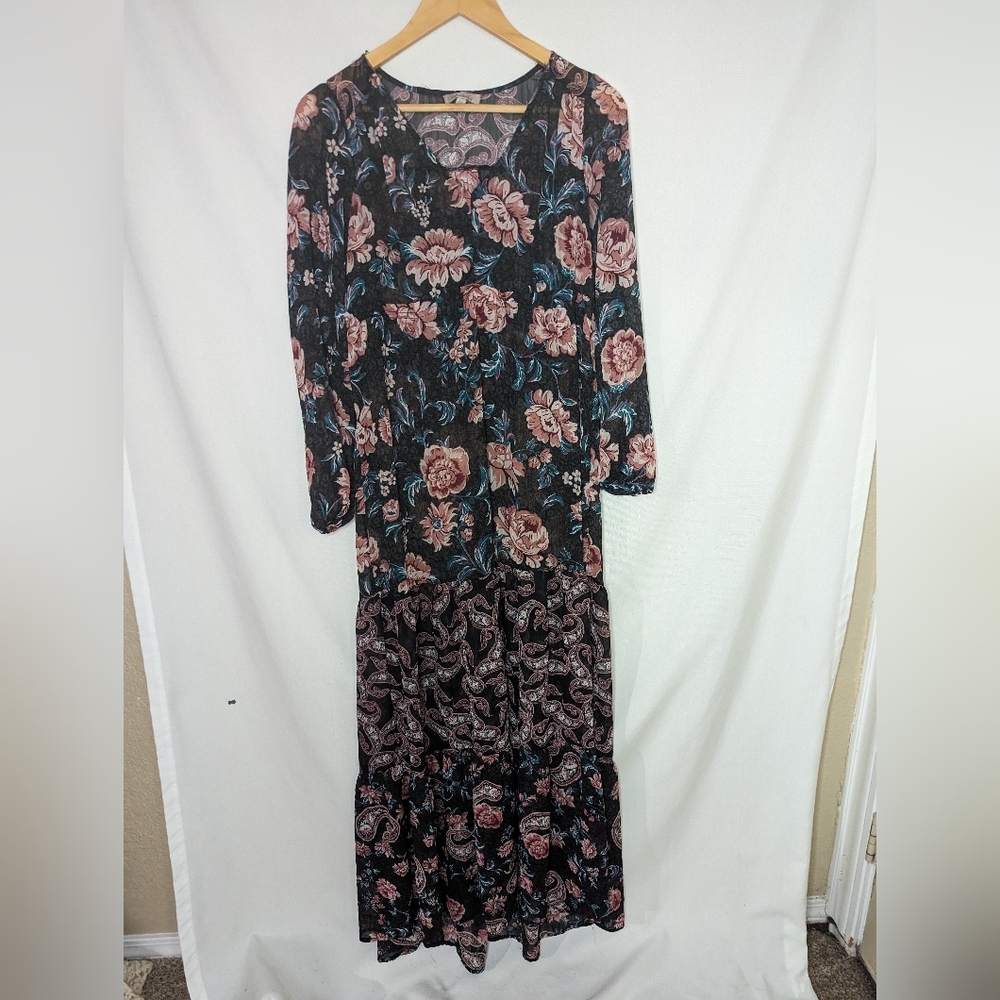 Wonderly Black Pink Floral Sheer Maxi Dress Size‎ XS Multiprint